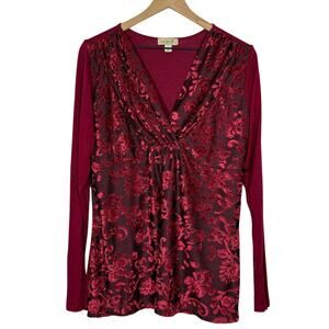 One World Velvet Burnout Top Womens Red Black Floral V-Neck Whimsigoth Vamp